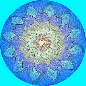 LOTO MANDALA FLOWER. PLAIN TURQUOISE BACKGROUND, LINEAR DESIGN. CENTRAL FLOWER IN BLUE, GREEN AND YELLOW