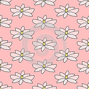 Lotos hand drawn seamless pattern in cartoon comic style bloom flower