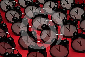 Lots of alarm clocks on a red background. Time management, deadline concept. 3D render