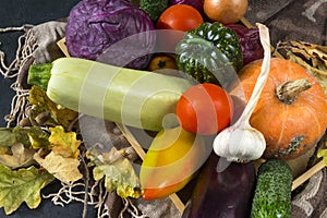 autumn fresh vegetables, pumpkins, tomatoes, cabbage, zucchini, onions, dry fallen leaves, cucumber, garlic, eggplant,