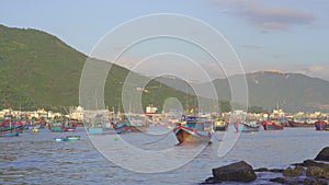 Lots of big fisherman boats in the port in Asia. Overfishing concept