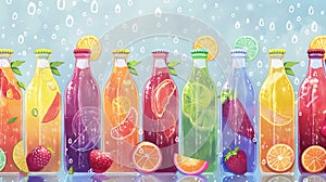 Lots of bottles of cold fruit water, tea or sodas with large drops of condensation on them. photo