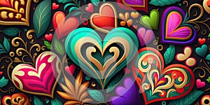 Lots of bright hearts of different colors on a colored background. Love and heart