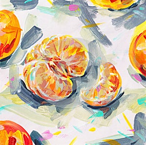 Lots of bright orange tangerines. Acrylic painting card for design and print. Hand draw contemporary artwork