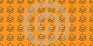 Lots of Brown Coffee Cup or Soup Bowl Icons - Seamless Pattern on Wide Scale Orange Background