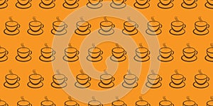 Lots of Brown Coffee Cup or Soup Bowl Icons - Seamless Pattern on Wide Scale Orange Background