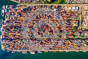 Lots of cargo freight containers in the sea port. Neural network AI generated