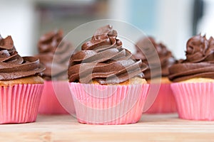 Lots of chocolate frosted cupcakes