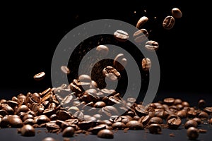 lots of coffee beans falling down on black background