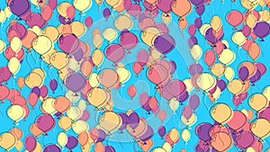 Lots of colorful balloons fly on blue sky background 2D animation 4K