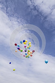 Lots of colorful balloons flying in the blue sky with white clouds.