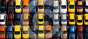 Lots of colorful cars in the mall parking lot, top view