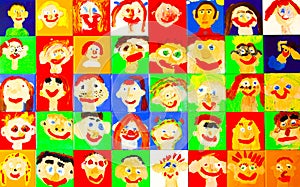 Lots of colorful happy children children\'s kids faces painted on tiles