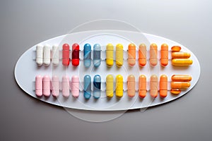 Lots of colorful pills and tablets arranged in a pill organizer. Generative AI
