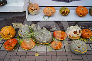 Lots of colorful pumpkins for the holiday, made with your own hands for Halloween Jack O lantern.