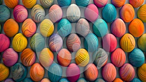 Lots of colorful vibrant textured Easter eggs are laid full of the entire area of image on a gray background. Generated AI