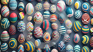 Lots of colorful vivid Easter eggs with vibrant patterns are laid full of the entire area of image on a dark blue background.