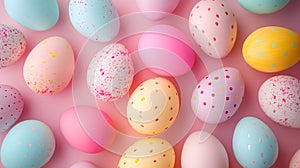 Lots of colorful vivid holographic neon Easter eggs are laid full of the entire area of image on a gradient pastel background.