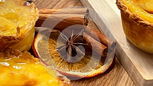 Lots of desserts Pastel de nata or Portuguese egg tart and cinnamon sticks. Pastel de Belm is a small pie with a crispy