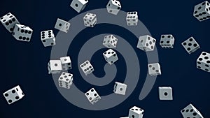 Lots of dice. Animation. Lots of moving and rotating game cubes in weightlessness on closed background. Concept of