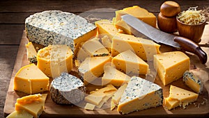 Lots of different cheeses delicatessen gourmet assortment wooden background food variety cuisine product