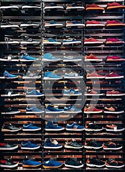 Lots of different sneakers on the showcase on market. Image of sport shoes on shop-window