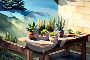 Lots of different succulents on a wooden table in daylight. Drawing in watercolor style. Generative AI.