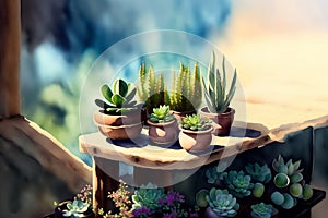 Lots of different succulents on a wooden table in daylight. Drawing in watercolor style. Generative AI.