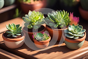 Lots of different succulents on a wooden table in daylight. Generative AI.