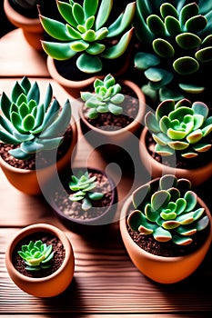 Lots of different succulents on a wooden table in daylight. Generative AI.