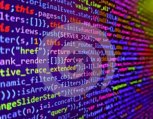 Lots of digits on the computer screen. SEO optimization. New technology revolution. Code of javascript language on white
