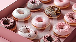 Lots of donuts of different colors and fillings in a large pink cardboard package. National Donut Day