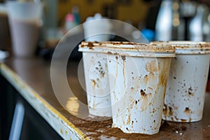 lots of empty dirty white coffee cups ,we are hiring