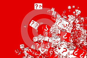 Lots of falling red and white dice with question marks on the sides. 3d illustration