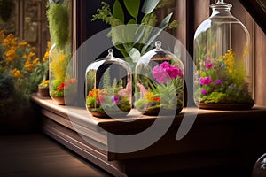 Lots of florariums on the shelves of a flower store, florariums are mini gardens in a glass container. Generative AI.