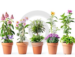 Lots of flower pots with different plants on white, collection. Spring and summer concept, flower decoration and