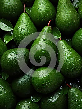 Lots of fresh ripe pears with water drops as background, close-up