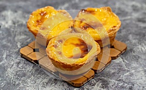 Lots of freshly baked desserts Pastel de nata or Portuguese egg tart. Pastel de Belm is a small pie with a crispy puff