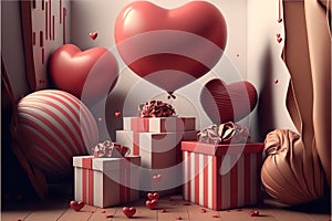 Lots of gift boxes at home, Valentines day, balloons heart love holiday mood. Generative AI
