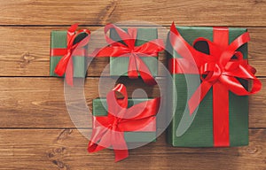 Lots of Gift boxes on wood, christmas presents in paper