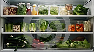 Lots of green food on the shelves of the fridge