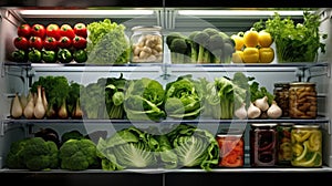 Lots of green food on the shelves of the fridge