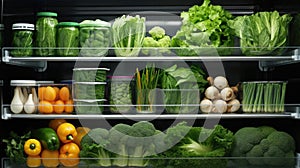 Lots of green food on the shelves of the fridge