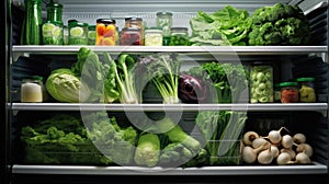 Lots of green food on the shelves of the fridge