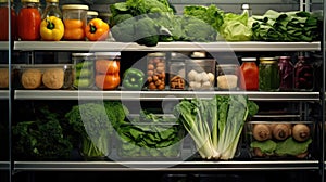 Lots of green food on the shelves of the fridge