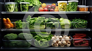 Lots of green food on the shelves of the fridge