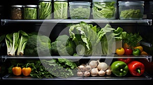 Lots of green food on the shelves of the fridge