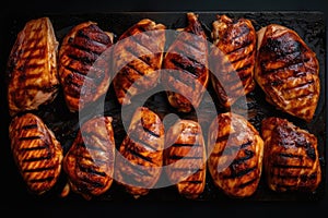 Lots Of Grilled Chicken Symmetrically Baked. Generative AI