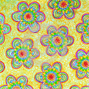 A background of patterned daisy shapes.