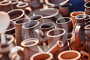 Lots of handmade clay pot, bowl and mug.